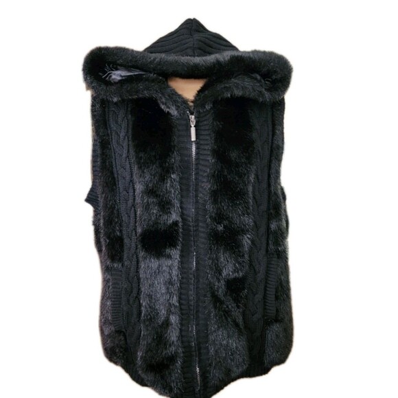 Green Tea Black Faux Fur Hooded Knit Vest Women’s Large Cozy Cable Knit Y2K Boho - Picture 1 of 8